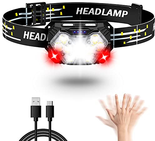 Lsnisni Torcia da Testa 9 Led 1 Pezzi, 2000 Lumens Lampada Frontale USB C Ricaricabile, 6 Modalità Luce Bianca e Rossa, Con Sensore di Movimento, IP×5 Impermeabile, per Campeggio, Corsa, Pesca