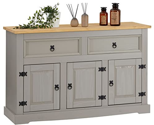 IDIMEX Sideboard Tequila Kommode mit 3 Türen 2 Schubladen, Schubladenschrank massiver Kiefer grau/braun Buffetschrank Geschirrschrank