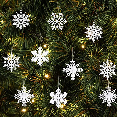 24 Stück Weihnachten Chneeflocken, Weihnachtsbaumanhänger, Schneeflockendeko mit 24 Seil, Schneeflocken Zum Aufhängen für Weihnachtsbaum Glitzer Weihnachtsbaumschmuck für Weihnachtsfeiern (Weiß)