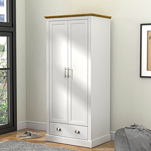 Galano Sufy 2 Door Wardrobe with Drawer – Freestanding Bedroom Closet with Hanging Rail and Storage – White Finish