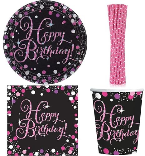 Geburtstag Partyset Partygeschirr Einweggeschirr pink schwarz Happy Birthday Frau Party Deko