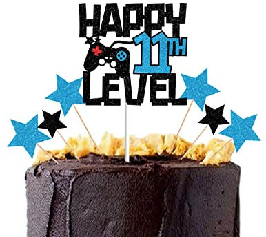 bng-bng 11th Birthday Cake Topper Glittery Happy 11th Level Birthday 11 Cake Cupcake Toppers Boys and Girls 11th Birthday Game Theme Party Supplies eleven Years Old Birthday Cake Decorations