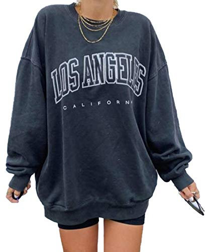 GeGekoko Damen Pullover Herbst Sweatshirt Los Angeles Vintage Oversized Langarmshirt Rundhals Pulli Winter Hoodie Casual ohne Kapuze Bluse Oberteile Tops