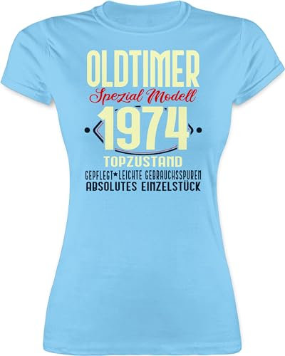 Shirt Damen - 50. Geburtstag - Oldtimer Spezial Modell 1973 - L - Hellblau - Tshirt geboren Motto t-Shirt 50.Geburtstag Frauen 50 1972 t-Shirts zum Frau geburtstagsshirt 1974 50er jährigen Shirts