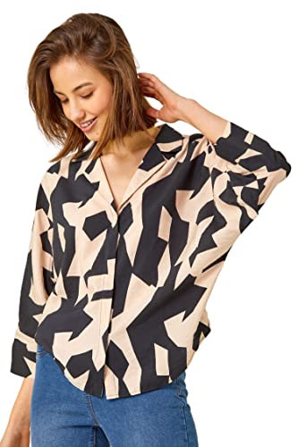 Roman Originals Abstract Print Collared Blouse for Women UK - Ladies Everyday Holiday Spring Summer V Neckline 3/4 Length Sleeves Comfy Soft Evening Vacation Work Party - Black - Size 20
