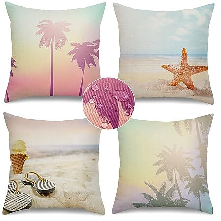 Kissenbezüge 50x50 4er Set, Kissenhülle Palmen Kopfkissenbezug Leinen Kissenhüllen Wasserfest Outdoor Mediterane Dämmerung Kissenbezug Sonnengelb