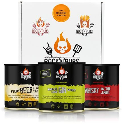 ROCK'N'RUBS® Gewürzset 3er Set Pack Whisky, Gin & Bier (420g) – BBQ Grillgewürze für Fleisch & Gemüse – Geschenkidee Männer & Grillliebhaber – Made in Germany