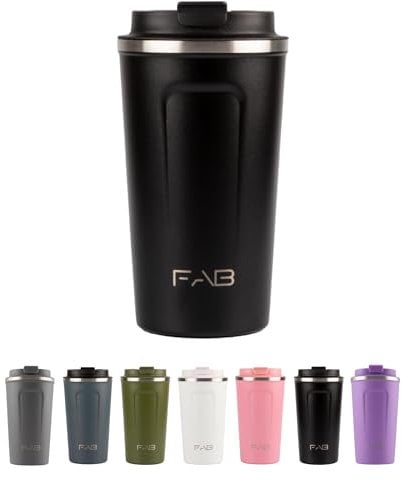 FAB Travel Mug, Reusable Coffee Cup (510ml, Black) - Double Wall Stainless Steel with Screw Lid - Thermal Camping Cup, Vacuum Insulated for Hot and Cold Drinks, Eco-Friendly