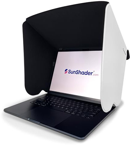 Laptop-Sonnenschutz, SunShader v4, schmale Lünette, Gummiklammern, für Arbeiten im Freien, US-Patent 10963010, groß, gebrochenes Weiß