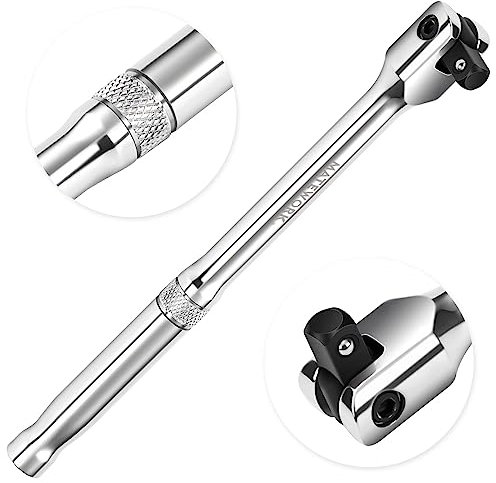 Matework 3/8'' Drive Breaker Bar, 10 Inches Long Extension Breaker Bar with 180-Degree Cr-V Flex Head and Engraved Non-slip Handle, Polished Finish, Home Use Socket Wrench