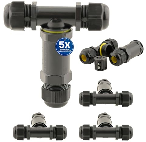 Intratec 5x Kabelverbinder wasserdicht 3 Öffnungen T Stück – 4-poliger IP68 Kabelverbinder 24 450V AC für einfache Installation Zuhause & Garten – M25 Kabelquerschnitt 4-14mm