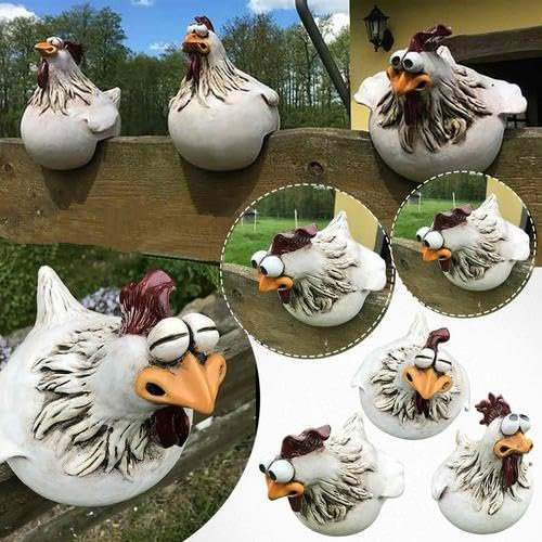 Voihamy 3 Hühnerzaun Dekoration – Keramik Huhn Gartendeko - Hühner Deko Figuren Zaun - Hühner Deko Garten Statuen Outdoor Dekoration – Gartenstecker Keramik - Lustiges Gesicht Hühnerzaun Ornament