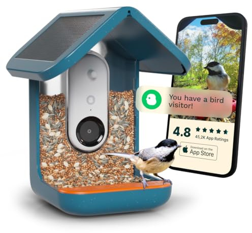 BIRD BUDDY® Original Smartes Vogelfutterhaus mit Kamera, solarbetrieben, hochauflösende KI-Kamera, tolle Nahaufnahmen, ein einzigartiges Vogelbeobachtungserlebnis (Blau, mit Solardach)