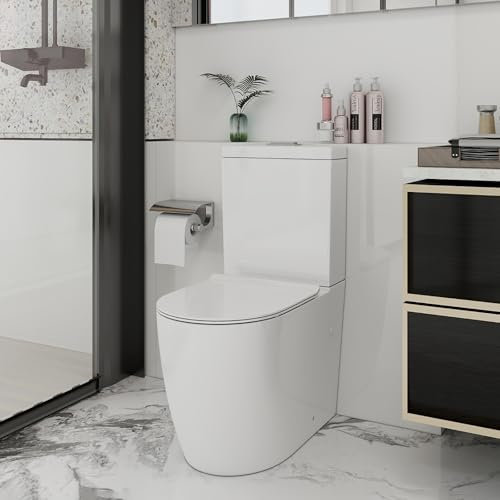 Robanmoa Rimless Comfort Height Close Coupled Toilet Back to Wall Bathroom Toilets White Ceramic WC Pan & Cistern Soft Close Seat Modern Round Elongated Toilet Swirling Flush WC