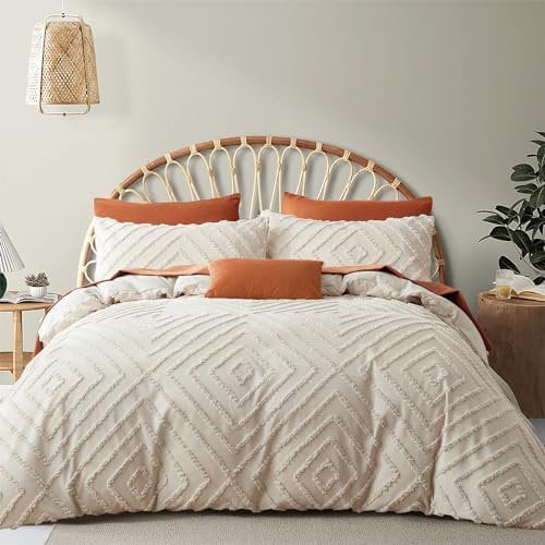 Freyamy Böhmen Bettwäsche 200x200cm 3teilig Beige Getuftet Kariert Boho Bettwäsche Stickerei Shabby Chic Bettwaren-Sets Microfaser Weiche Bettbezug mit Reißverschluss und 2 Kissenbezug 80x80cm
