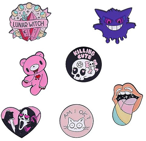 Monsully 7 Pcs Cartoon Enamel Brooch Set, Cartoon Metal Badge Pins Totenkopf/Horror/Herz/Rosa Mund/Bär Abzeichen Pin Emaille Anstecker Pins Niedliche Anime Broschen, für Taschen DIY Handwerk