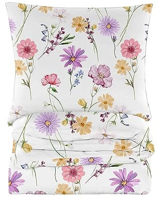 Cotton Market Housse de Couette 200x200 cm - Couette avec 2 Taies d'oreiller 70x80 cm - Linge de Lit et Oreillers - Parure de Lit - Certifié Oeko-Tex - 3 pièces Set - Blanc et Rose, Fleurs des Champs