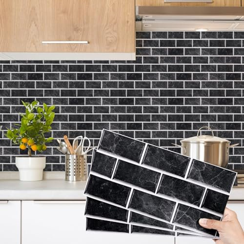 Decoroom Fliesenaufkleber Schwarz 12pcs/15x30cm Brick Vinyl Selbstklebende Fliesenfolie Wasserfes Wandfliese Sticker für Küche Backsplash Badezimmer, Mit PVC Fliesen klebefliesen
