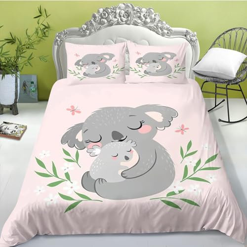 FABTOP Koala Bettwäsche 135x200 Mikrofaser Tiere Koala Bettbezug Mit Reißverschluss Und Kissenbezug Zootiere Tiere Koala Baby Kinderbettwäsche (1,135x 200 cm)