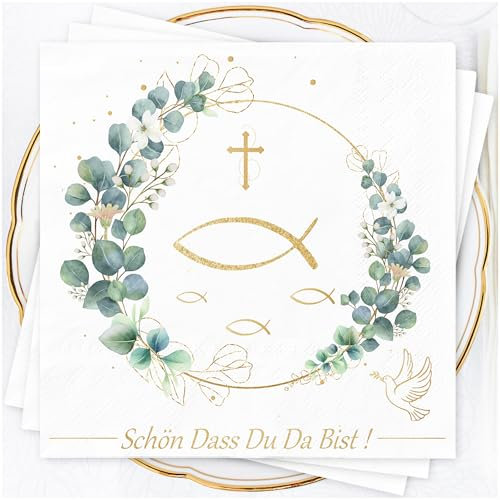 Servietten Taufe Kommunion Konfirmation Deko - 40Stück 3-lagig Servietten Schön Dass Du Da Bist Servietten Grün Eukalyptus Taufe Tischdeko Kommunion Konfirmation 33x33cm Servietten Geburtstag Hochzeit
