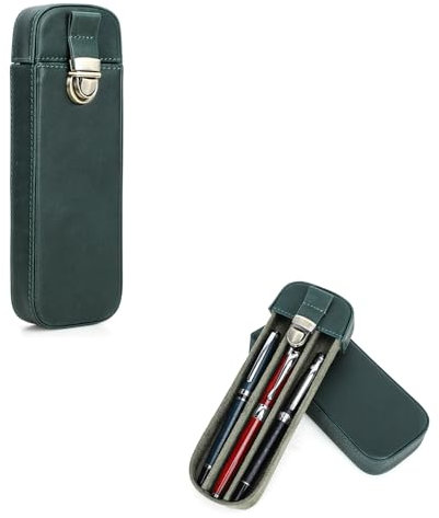 Hiram Leder Füllhalteretui für 3 Stifte, Tragbares Leder Etui für 3 Stifte mit Schloss, Vintage Leder Stiftebox für Schule, Business, Reisen (Schwarz Grün)