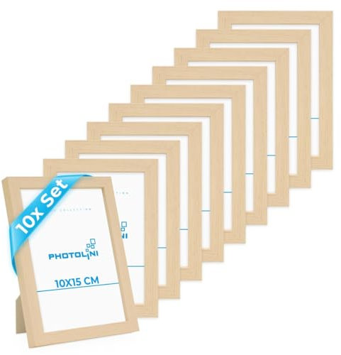 PHOTOLINI Cadre 10 x 15 bois MDF naturel, lot de 10 cadres photo pour posters et affiches, verre acrylique incassable, décoration murale à suspendre & à poser, avec accessoires supplémentaires