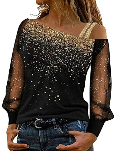 Haut à paillettes pour femme - Tunique à manches longues - Noir - Manches en maille - Chemisier sexy à paillettes - Chemisier portefeuille - Patchwork - Soirée - Cocktail - Fête - Club, or, XXL