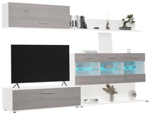 amuéblate online - Mueble de Salón Moderno con Leds, Módulos de Comedor, Modelo Flora, Acabado en Andersen Pino - Gris, Medidas: 250 cm (Ancho) x 115 cm (Alto) 40 cm (Fondo)