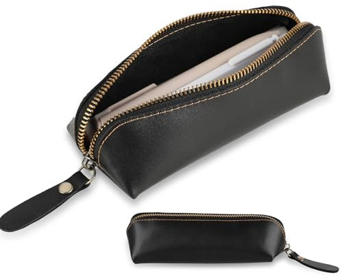 Andibro Vintage Federmäppchen aus Echtem Leder,Federmäppchen aus Genarbtem Leder mit Reißverschluss Handgefertigte Stifttasche Tragbar Bleistift Organizer Schreibwarentasche für Geschäftsleute Schwarz