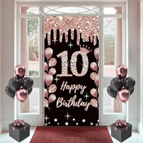 10 Geburtstag Dekorationen für Mädchen, Happy 10 Years Old Stoff Schild Poster Rosegold Hintergrund Tür Banner, 10 Geburtstag Party Supplies Foto Hintergrund Willkommensschild, 180 cm x 90 cm
