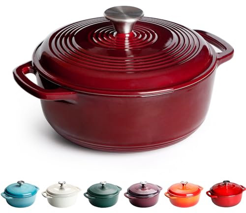 Cast Iron Dutch Oven, 22cm 3L 4.3kg - Round, Heavy-Duty Cast Iron Casserole Dish with Lid, Non-Stick Enameled Dutch Oven for All Cooktops (Maroon)