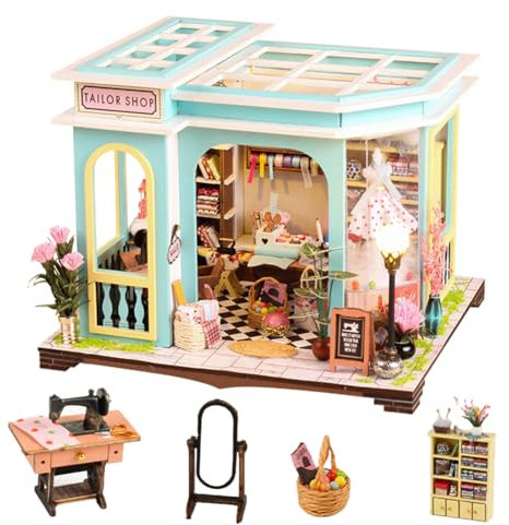 TOPBSFARNY Puppenhaus Zubehör aus Holz, DIY Miniaturhaus Kit für Erwachsene, Kreative Schneiderei Tiny House Kit mit Möbeln und LED-Lichtern für Frauen Geburtstagsgeschenk