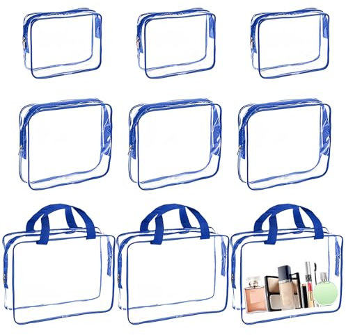 TOATELU 9 Pièces Trousses de Toilette Transparentes, Trousse de Rangement pour Jouets, Trousse de Maquillage, Trousses de Toilette de Voyage, Organisateur de Valise pour Femmes, Hommes, Famille (Bleu)
