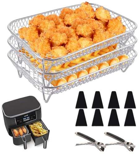 FWEEK 2pcs 3 Layers Air Fryer Rack for Ninja Dual, 304 Stainless Steel Air Fryer Shelf with 8pcs Silicone Feet Stackable Grill Rack