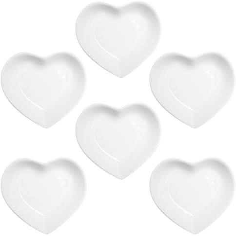 Yuauy 6 pcs White Heart Shaped Porcelain Soy Sauce Dish 1.65 oz Ceramic Dip Snack Dipping Bowls for Dinner Baking BBQ and Cooking