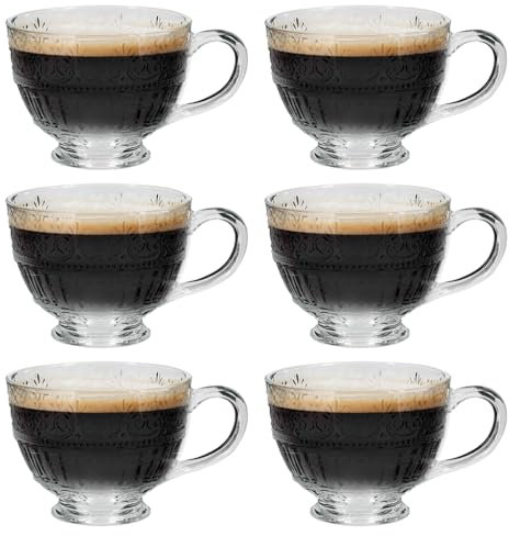 Dibor Vintage Style Glass Mugs Embossed Footed Teacup Style Glass Cups for Tea/Coffee/Hot Chocolate Baroque Bevelled Base Tea & Coffee Glasses with Handles (6)