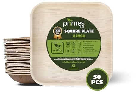 PRIMES ECO 8 INCH Disposable Palm Leaf Square Plates, Eco Friendly Biodegradable Compostable Dinner Plates, Microwave & Freezer Safe Party Plates for Picnic, Camping, Weddings & Events (50 PCS)