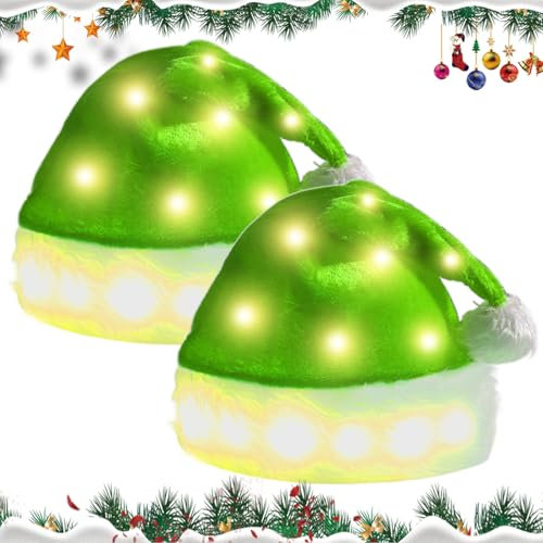 GOMETY LED Weihnachtsmütze Mütze, 35x48 cm Leuchtende Plüsch-Weihnachtsmütze, Blinkende Weihnachtsmann Mütze mit Weiß Bommel für Kinder und Erwachsene Weihnachten Partys(Grünes Warmes Licht)