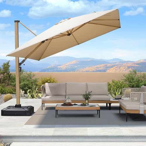 PURPLE LEAF Parasol De Jardin Exterieur 3 x 3 m Aluminium Effet Bois Beige