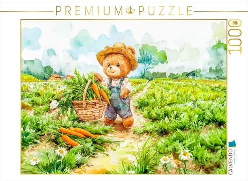 Puzzle · Teddy trägt einen Korb voller Möhren | Eine niedliche Aquarellzeichnung von einem Teddybären, der stolz… · 1000 Teile · Lege-Größe 64 × 48 cm · CALVENDO Puzzle
