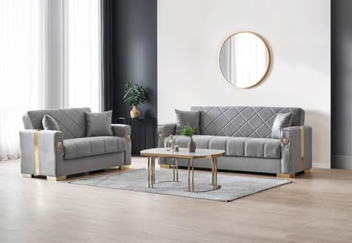 Stella Furniture Lion 3 and 2 Seater Sofa Set with Storage for Living Room - Convertible 2 and 3 Seater Sofa Bed, Couches with Cushions - Free Assembly & Delivery (3+2 Seater, Gray/Gold)