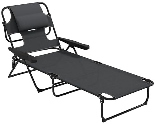 Outsunny Bain de Soleil Chaise Longue Pliante avec appuie-tête, Trou de Lecture, Dossier inclinable en textilène, transat Jardin extérieur pour Plage Relax Camping Piscine terrasse, Gris