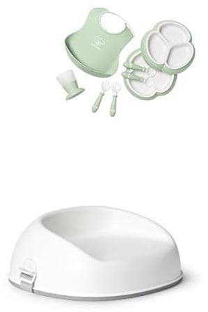 BabyBjörn Dinnerware Set, 8 pcs, Powder Green + Booster Seat, White