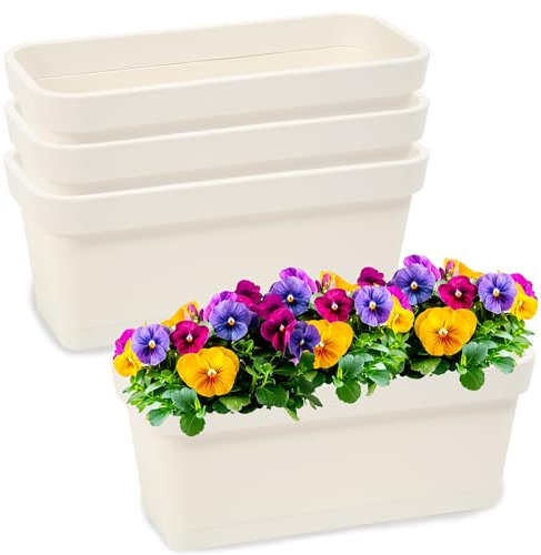 PECZEKO Blumenkasten-Set aus Kunststoff, Pflanzkasten für Blumen und Kräuter, Widerstandsfähiger Balkontopf, Pflanzkübel für Balkon 4 Pack Creme, ø 40 cm