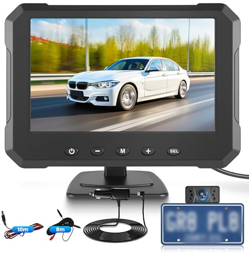Rimoody Nummernschild Rückfahrkamera Set mit 5 IPS Zoll Monitor, Fahrzeug Backup Kamera IP69 Wasserdicht, Nachtsicht, Image Flip, Kabel Einparkhilfe für LKW/Anhänger/Bus/Van/Landwirtschaft/Wohnmobile