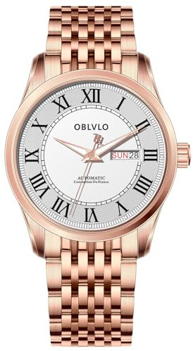 OBLVLO Herren-Armbanduhr, römische Ziffern, klassisch, automatisch, mechanisch, mit super leuchtendem Kalbslederband, legere Uhr, GC-SIM, GC-SIM-PWP, Modern