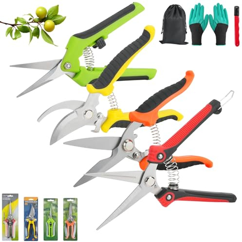 BZUEPRS 7Pack Garden Secateurs Set, 4 Professional Pruning Shears, Stainless Steel Sharp Pruner Secateurs with Knife Sharpener, Storage Bag and Gloves for Florist Flower Hedges Plants