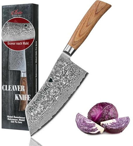 Wakoli EDIB Pro Damast Chinesisches Kochmesser Chai Dao mit Gravur – Personalisiertes Messer, 17 cm Klinge aus 67 Lagen Damaststahl (VG10-Kern), ergonomischer Pakkaholzgriff – in Geschenkbox