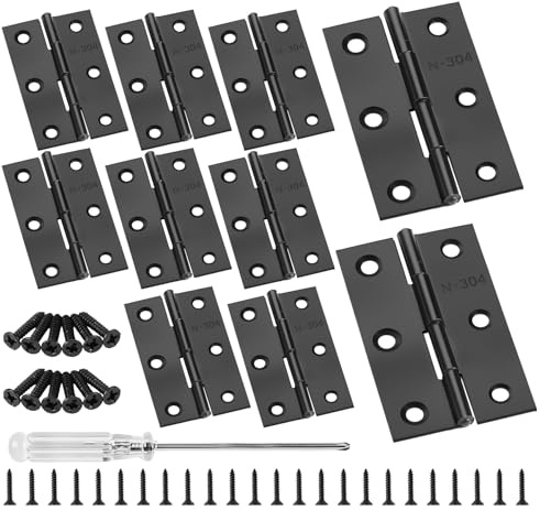 Anstore 10er Set Scharniere Klappbar 66x35x1mm, Schwarze Türscharniere | 10er Set schwarze Möbelscharniere aus Edelstahl. Stabiles 6-Loch-Design, inkl. 72 Schrauben und Schraubendreher.