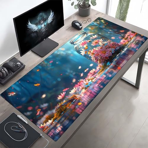 Gaming Mauspad 1600x800x3 mm Gaming Mousepad XXL Blume Rosa Mauspad Schreibtischauflage, Genähte Kanten Mausmat, rutschfeste Gummibasis, Schreibtisch Schutz für Home Büro, Geschenke PjY7430 9-9